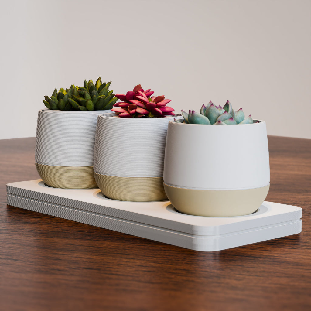 Modern Minimalist Triple Planter Set with Tray – Dual-Tone Design