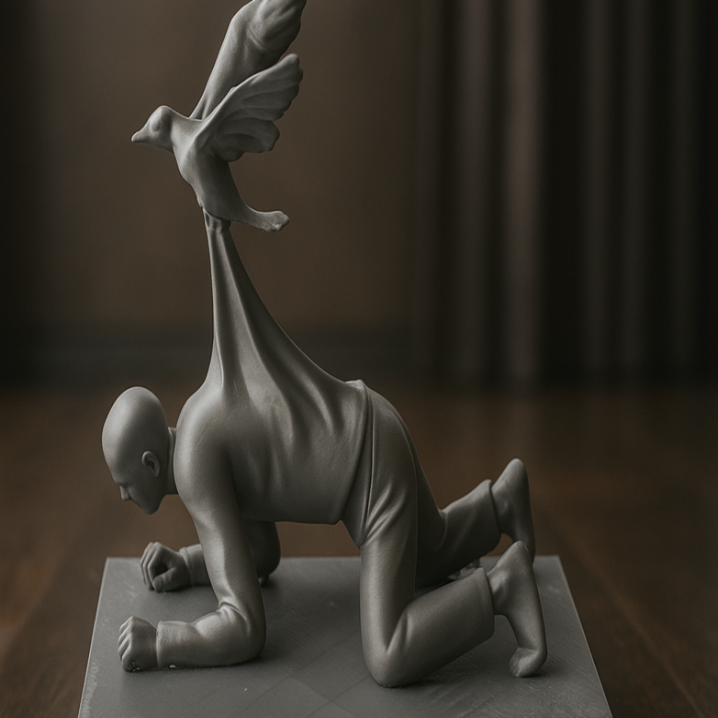 Bird Lifting a Crawling Human – Metaphorical Abstract Sculpture