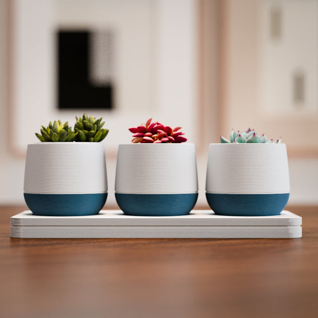 Modern Minimalist Triple Planter Set with Tray – Dual-Tone Design
