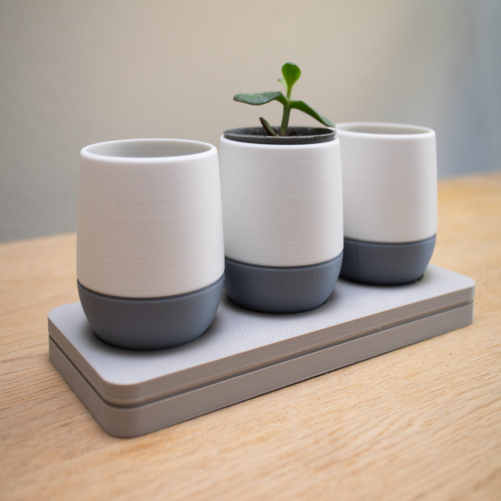 Modern Minimalist Triple Planter Set with Tray – Dual-Tone Design