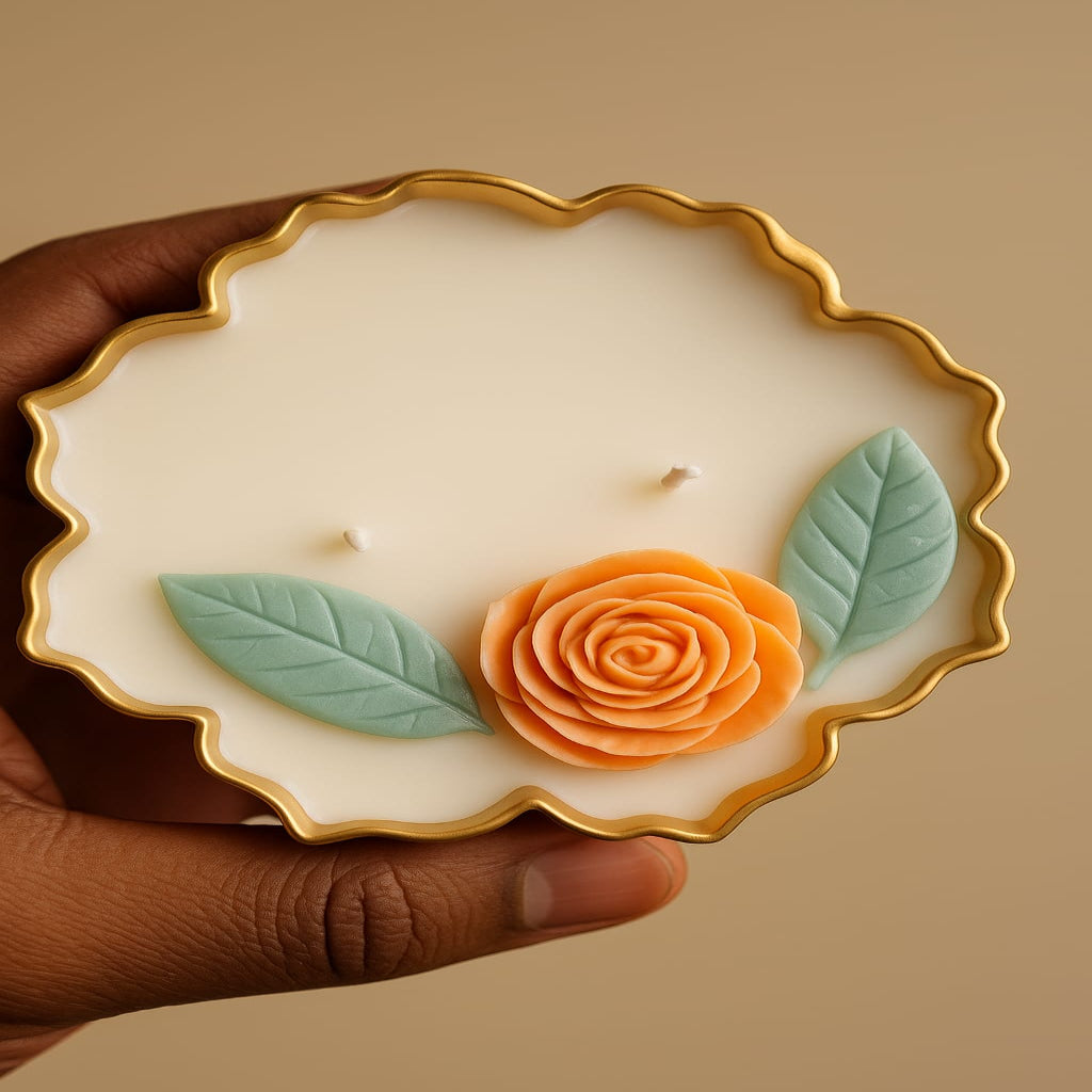 Golden Rose Bloom Candle – Floral Wax Art in Scalloped Dish