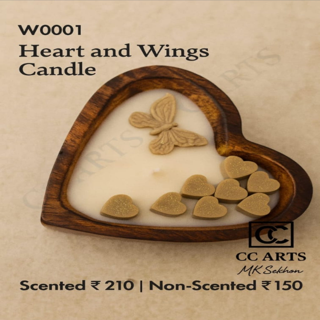 Heart and Wings Candle – Wooden Heart Bowl Candle with Butterfly & Hearts