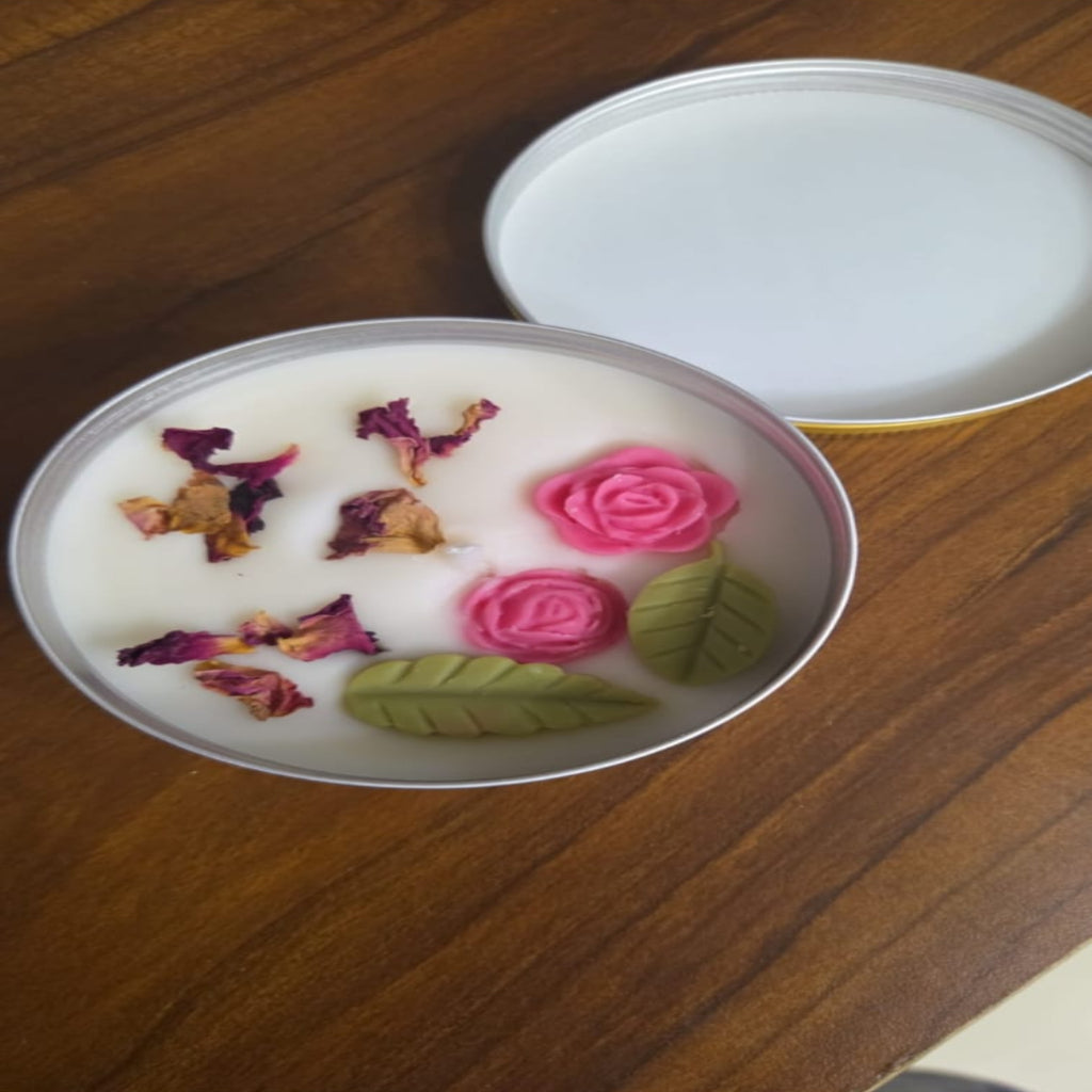Floral Tin Candle – Rose & Leaf Accent Soy Candle