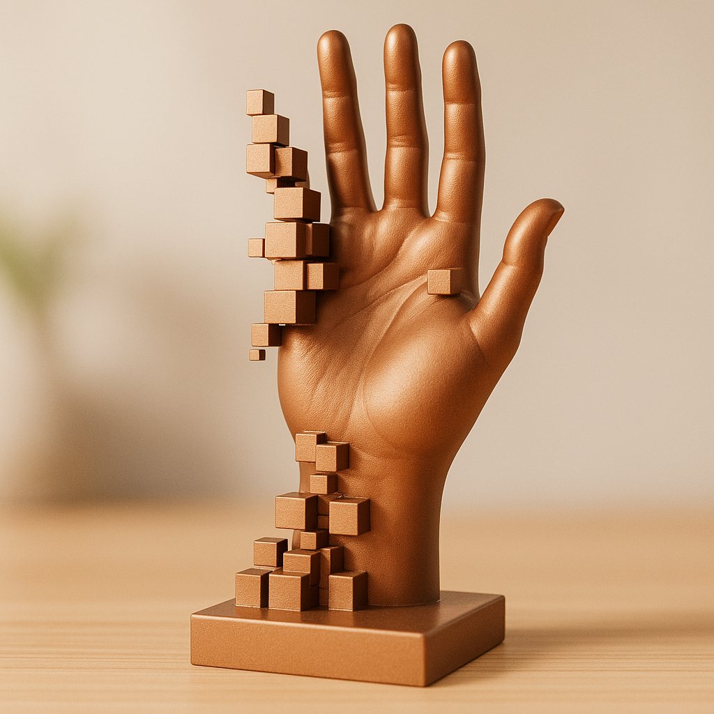 Pixelated Hand Sculpture – Contemporary Glitch Art Décor