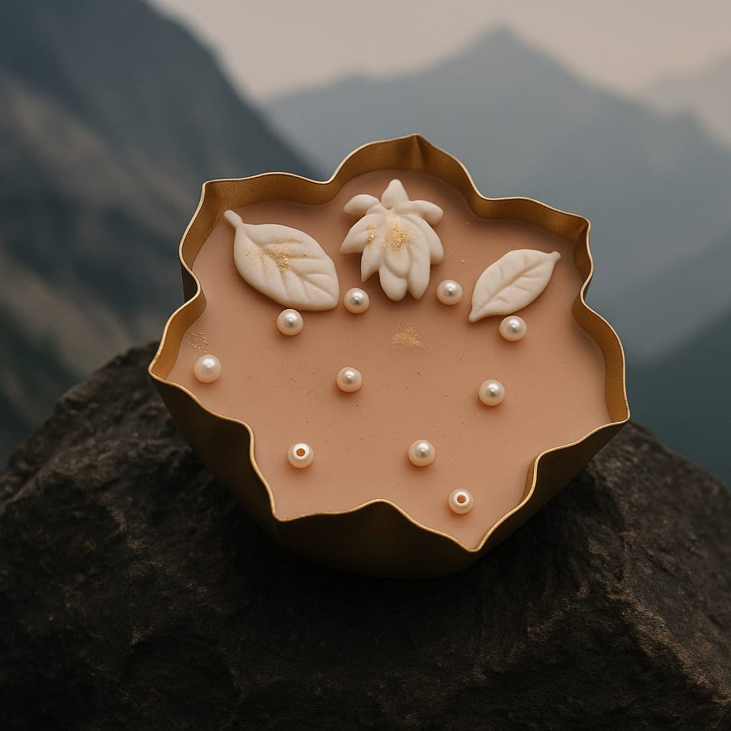 Golden Bloom – Decorative Floral Wax Candle in Scalloped Dish